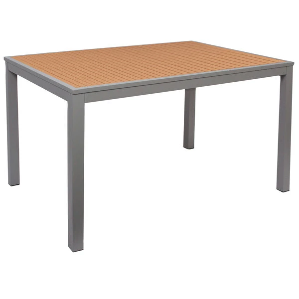 BFM Seating Longport 32" X 48" Rectangular Silver Aluminum Outdoor / Indoor Standard Height Table - Synthetic Teak 1 BFM Seating Longport 32" X 48" Rectangular Silver Aluminum Outdoor / Indoor Standard Height Table - Synthetic Teak