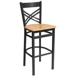 BFM Seating Akrin Sand Black Steel Bar Height Chair With Cross Steel Back And Natural Ash Wooden Seat