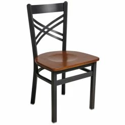 BFM Seating Akrin Sand Black Steel Side Chair With Cross Steel Back And Cherry Wooden Seat