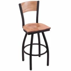 Holland Bar Stool Black Steel NHL Logo Laser Engraved Bar Height Swivel Chair With Maple Back And Seat