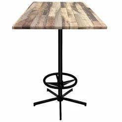 Holland Bar Stool OD21642BWOD36SQRustic 36" Square Rustic Wood Laminate Outdoor / Indoor Bar Height Table With Foot Rest Base
