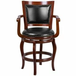 Flash Furniture TA-2125-24-CHY-GG Cherry Wood Counter Height Panel Back Stool With Black Leather Swivel Seat -Lancaster Table & Seating Shop 1423794