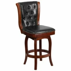 Flash Furniture TA-240126-CHY-GG Cherry Wood Counter Height Button Tufted Back Stool With Black Leather Swivel Seat