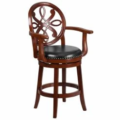 Flash Furniture TA-550226-CHY-GG Cherry Wood Counter Height Designer Back Stool With Black Leather Swivel Seat