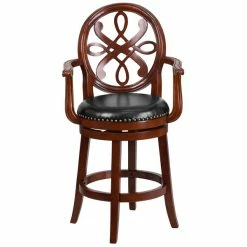 Flash Furniture TA-550226-CHY-GG Cherry Wood Counter Height Designer Back Stool With Black Leather Swivel Seat -Lancaster Table & Seating Shop 1424841