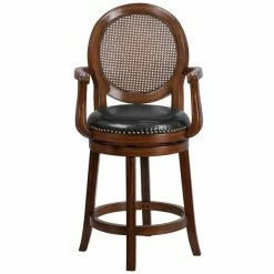 Flash Furniture TA-550426-E-CTR-GG Expresso Counter Height Woven Rattan Back Stool With Black Leather Swivel Seat -Lancaster Table & Seating Shop 1425010
