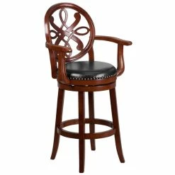 Flash Furniture TA-550230-CHY-GG Cherry Wood Bar Height Designer Back Stool With Black Leather Swivel Seat