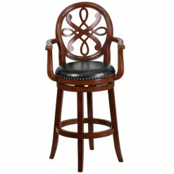 Flash Furniture TA-550230-CHY-GG Cherry Wood Bar Height Designer Back Stool With Black Leather Swivel Seat -Lancaster Table & Seating Shop 1425078