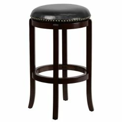 Flash Furniture TA-68929-CA-GG Cappuccino Wood Bar Height Stool With Black Leather Swivel Seat
