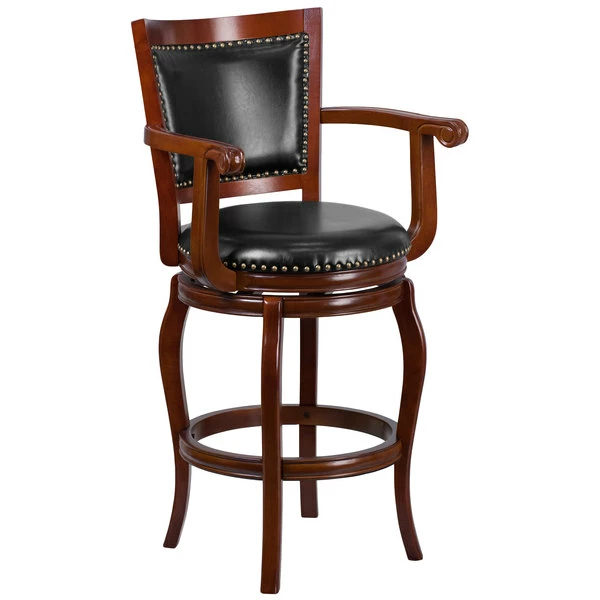 Flash Furniture TA-21259-CHY-GG Cherry Wood Bar Height Panel Back Stool With Arms And Black Leather Swivel Seat 1 Flash Furniture TA-21259-CHY-GG Cherry Wood Bar Height Panel Back Stool With Arms And Black Leather Swivel Seat