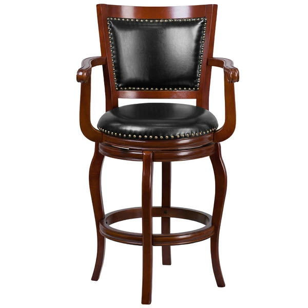 Flash Furniture TA-21259-CHY-GG Cherry Wood Bar Height Panel Back Stool With Arms And Black Leather Swivel Seat 3 Flash Furniture TA-21259-CHY-GG Cherry Wood Bar Height Panel Back Stool With Arms And Black Leather Swivel Seat - Image 3