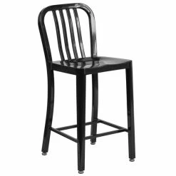Flash Furniture CH-61200-24-BK-GG 24" Black Metal Indoor / Outdoor Counter Height Stool With Vertical Slat Back