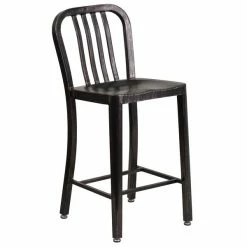 Flash Furniture CH-61200-24-BQ-GG 24" Black-Antique Gold Metal Indoor / Outdoor Counter Height Stool With Vertical Slat Back