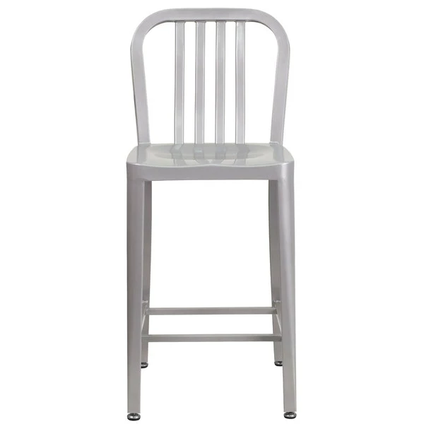 Flash Furniture CH-61200-24-SIL-GG 24" Silver Metal Indoor / Outdoor Counter Height Stool With Vertical Slat Back 3 Flash Furniture CH-61200-24-SIL-GG 24" Silver Metal Indoor / Outdoor Counter Height Stool With Vertical Slat Back - Image 3