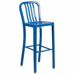 Flash Furniture CH-61200-30-BL-GG 30" Blue Metal Indoor / Outdoor Bar Height Stool With Vertical Slat Back
