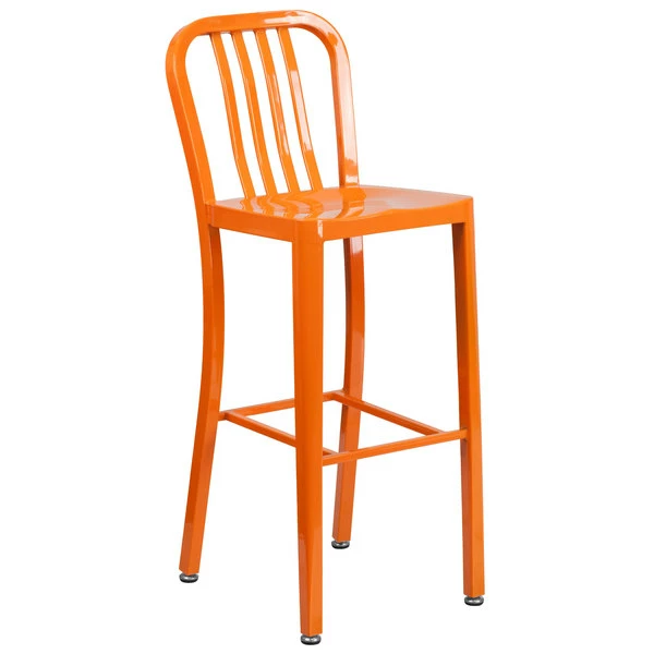 Flash Furniture CH-61200-30-OR-GG 30" Orange Metal Indoor / Outdoor Bar Height Stool With Vertical Slat Back 1 Flash Furniture CH-61200-30-OR-GG 30" Orange Metal Indoor / Outdoor Bar Height Stool With Vertical Slat Back