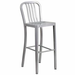 Flash Furniture CH-61200-30-SIL-GG 30" Silver Metal Indoor / Outdoor Bar Height Stool With Vertical Slat Back