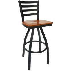 BFM Seating Lima Sand Black Steel Bar Height Chair With Cherry Wood Swivel Seat