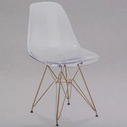 Flash Furniture FH-130-CPC1-GG Elon Series Ghost Plastic Accent Side Chair With Gold Metal Base