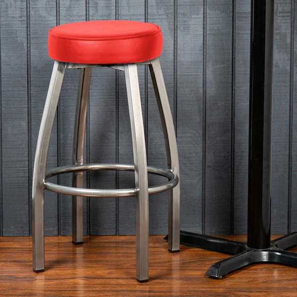 Lancaster Table & Seating Clear Coat Backless Barstool With Red Swivel Upholstered Seat 1 Lancaster Table & Seating Clear Coat Backless Barstool With Red Swivel Upholstered Seat