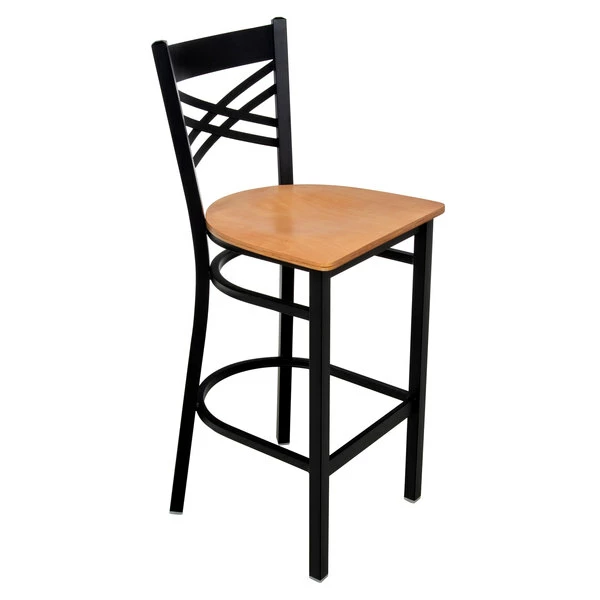 Lancaster Table & Seating Black Finish Cross Back Bar Stool With Natural Wood Seat 2 Lancaster Table & Seating Black Finish Cross Back Bar Stool With Natural Wood Seat - Image 2