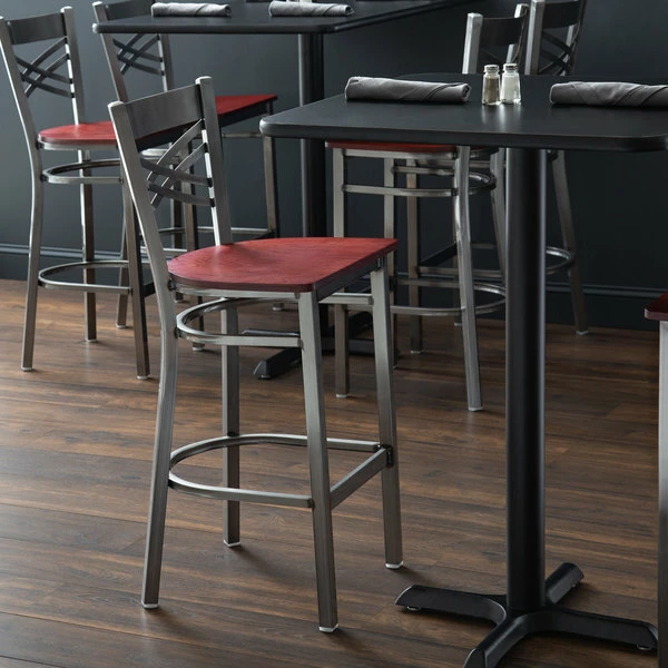 Lancaster Table & Seating Clear Coat Finish Cross Back Bar Stool With Mahogany Wood Seat 1 Lancaster Table & Seating Clear Coat Finish Cross Back Bar Stool With Mahogany Wood Seat