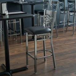 Lancaster Table & Seating Clear Coat Finish Cross Back Bar Stool With 2 1/2" Black Vinyl Padded Seat