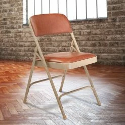 National Public Seating 1203 Beige Metal Folding Chair With 1 1/4" Honey Brown Vinyl Padded Seat