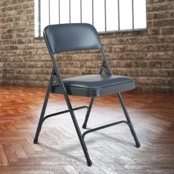 National Public Seating 1204 Char-Blue Metal Folding Chair With 1 1/4" Dark Midnight Blue Vinyl Padded Seat