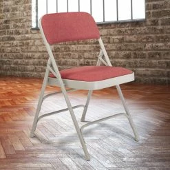 National Public Seating 2308 Gray Metal Folding Chair With 1 1/4" Majestic Cabernet Fabric Padded Seat
