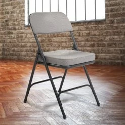 National Public Seating 3212 Black Metal Folding Chair With 2" Charcoal Gray Fabric Padded Seat