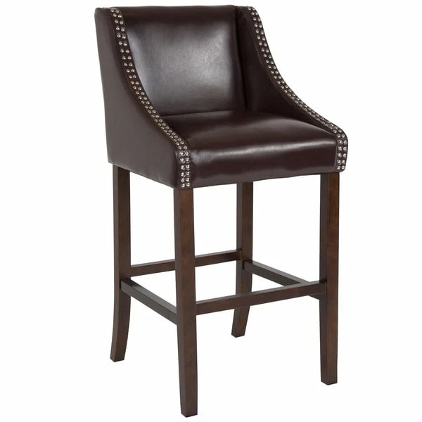 Flash Furniture CH-182020-30-BN-GG Carmel Series Brown Leather Bar Stool With Walnut Frame And Nail Trim Accent 1 Flash Furniture CH-182020-30-BN-GG Carmel Series Brown Leather Bar Stool With Walnut Frame And Nail Trim Accent