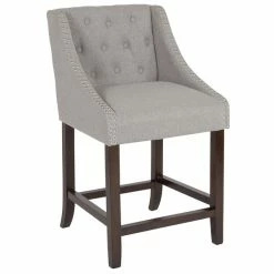 Flash Furniture CH-182020-T-24-LTGY-F-GG Carmel Series Counter Height Stool In Light Gray Tufted Fabric With Walnut Frame And Nail Trim Accent