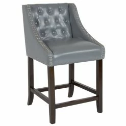 Flash Furniture CH-182020-T-24-LTGY-GG Carmel Series Counter Height Stool In Tufted Gray Leather With Walnut Frame And Nail Trim Accent