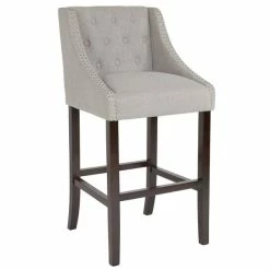 Flash Furniture CH-182020-T-30-LTGY-F-GG Carmel Series Light Gray Tufted Fabric Bar Stool With Walnut Frame And Nail Trim Accent
