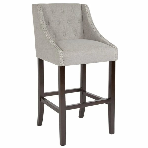 Flash Furniture CH-182020-T-30-LTGY-F-GG Carmel Series Light Gray Tufted Fabric Bar Stool With Walnut Frame And Nail Trim Accent 1 Flash Furniture CH-182020-T-30-LTGY-F-GG Carmel Series Light Gray Tufted Fabric Bar Stool With Walnut Frame And Nail Trim Accent