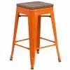 Flash Furniture CH-31320-24-OR-WD-GG 24" Orange Stackable Metal Backless Counter Height Stool With Square Wood Seat