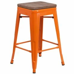 Flash Furniture CH-31320-24-OR-WD-GG 24" Orange Stackable Metal Backless Counter Height Stool With Square Wood Seat