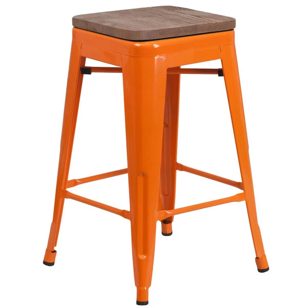 Flash Furniture CH-31320-24-OR-WD-GG 24" Orange Stackable Metal Backless Counter Height Stool With Square Wood Seat 1 Flash Furniture CH-31320-24-OR-WD-GG 24" Orange Stackable Metal Backless Counter Height Stool With Square Wood Seat