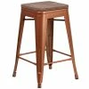 Flash Furniture ET-BT3503-24-POC-WD-GG 24" Copper Stackable Metal Backless Counter Height Stool With Square Wood Seat