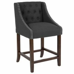 Flash Furniture CH-182020-T-24-BK-F-GG Carmel Series Counter Height Stool In Black Tufted Fabric With Walnut Frame And Nail Trim Accent