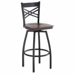 Lancaster Table & Seating Black Finish Cross Back Swivel Bar Stool With Mahogany Wood Seat -Lancaster Table & Seating Shop 1779402