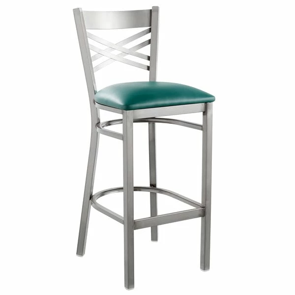 Lancaster Table & Seating Clear Coat Finish Cross Back Bar Stool With 2 1/2" Green Vinyl Padded Seat 2 Lancaster Table & Seating Clear Coat Finish Cross Back Bar Stool With 2 1/2" Green Vinyl Padded Seat - Image 2
