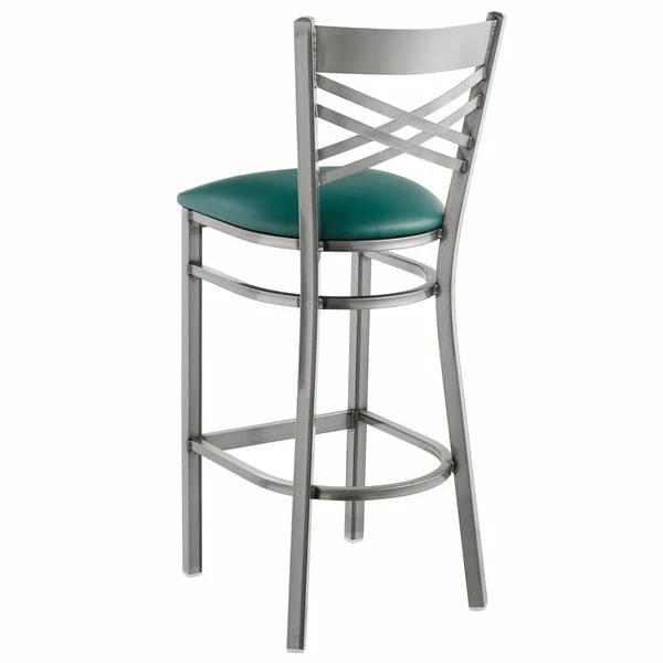 Lancaster Table & Seating Clear Coat Finish Cross Back Bar Stool With 2 1/2" Green Vinyl Padded Seat 3 Lancaster Table & Seating Clear Coat Finish Cross Back Bar Stool With 2 1/2" Green Vinyl Padded Seat - Image 3