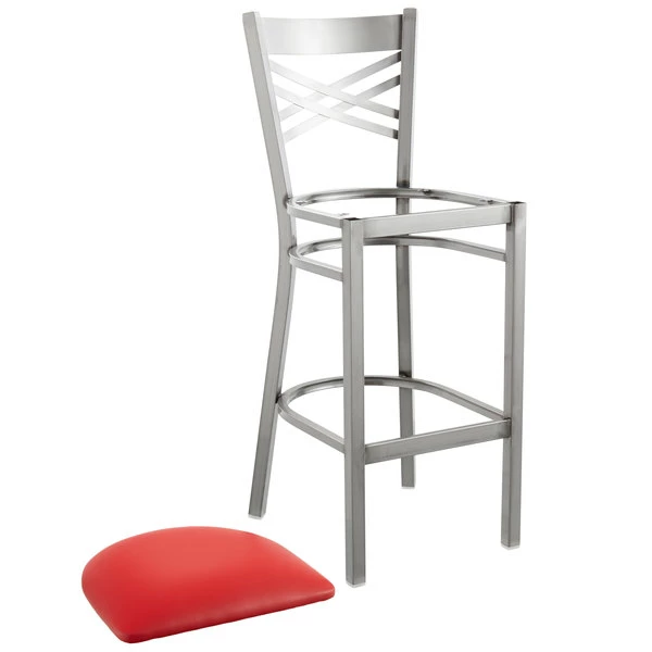 Lancaster Table & Seating Clear Coat Finish Cross Back Bar Stool With 2 1/2" Red Vinyl Padded Seat 4 Lancaster Table & Seating Clear Coat Finish Cross Back Bar Stool With 2 1/2" Red Vinyl Padded Seat - Image 4