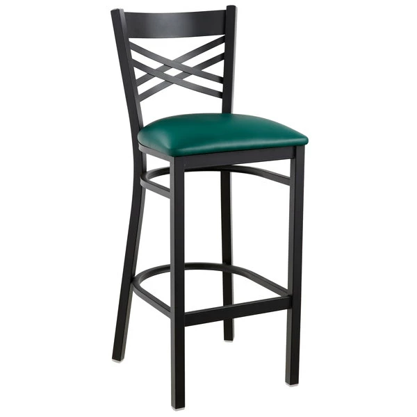 Lancaster Table & Seating Black Finish Cross Back Bar Stool With 2 1/2" Green Vinyl Padded Seat 2 Lancaster Table & Seating Black Finish Cross Back Bar Stool With 2 1/2" Green Vinyl Padded Seat - Image 2
