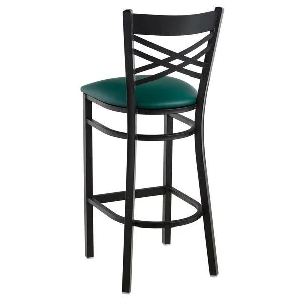 Lancaster Table & Seating Black Finish Cross Back Bar Stool With 2 1/2" Green Vinyl Padded Seat 3 Lancaster Table & Seating Black Finish Cross Back Bar Stool With 2 1/2" Green Vinyl Padded Seat - Image 3