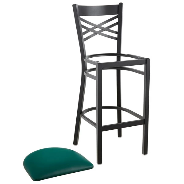 Lancaster Table & Seating Black Finish Cross Back Bar Stool With 2 1/2" Green Vinyl Padded Seat 4 Lancaster Table & Seating Black Finish Cross Back Bar Stool With 2 1/2" Green Vinyl Padded Seat - Image 4