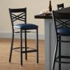 Lancaster Table & Seating Black Finish Cross Back Bar Stool With 2 1/2" Navy Vinyl Padded Seat