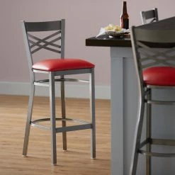 Lancaster Table & Seating Clear Coat Finish Cross Back Bar Stool With 2 1/2" Red Vinyl Padded Seat